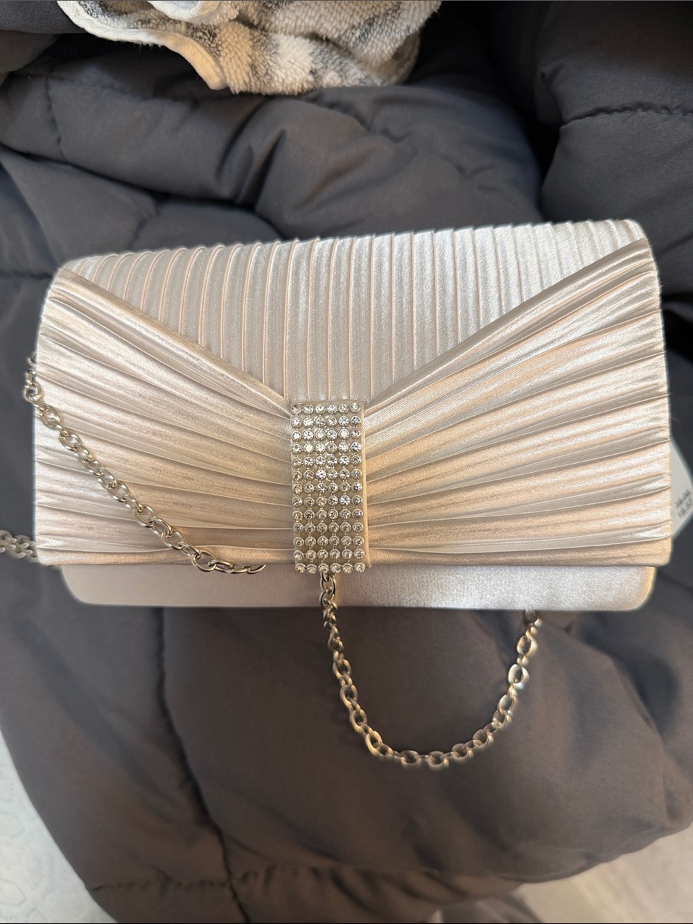 Jessica McClintock Elegant Silver Evening Clutch with Rhinestone Accent